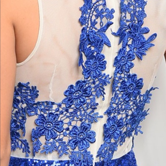 ❌DONATED❌Royal Blue Crochet Appliqué Sequins Mesh Lined Mini Dress - Picture 4 of 16